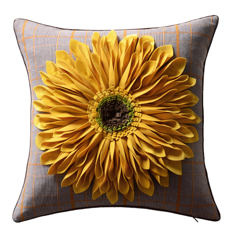  Housse de coussin décoratif à motif floral Appliqued, Jaune / écossais