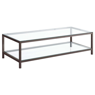 Table basse moderne à 1 tablette en verre transparent et nickel noir, parfaite pour les salons contemporains et les décors minimalistes.