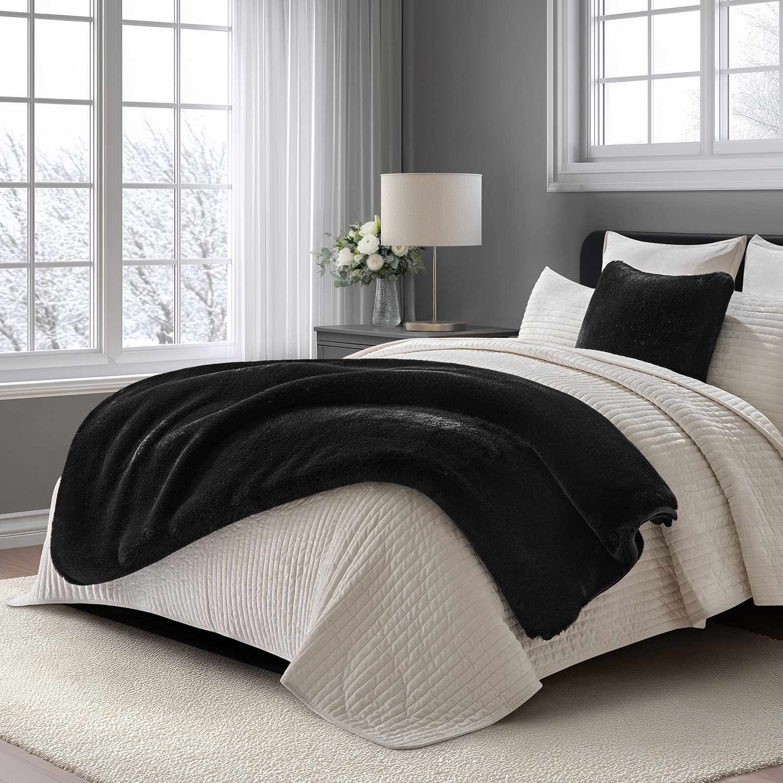 Chinchilla Faux Fur Throw Blanket, 60" L x 50" W, Black Noir Mink