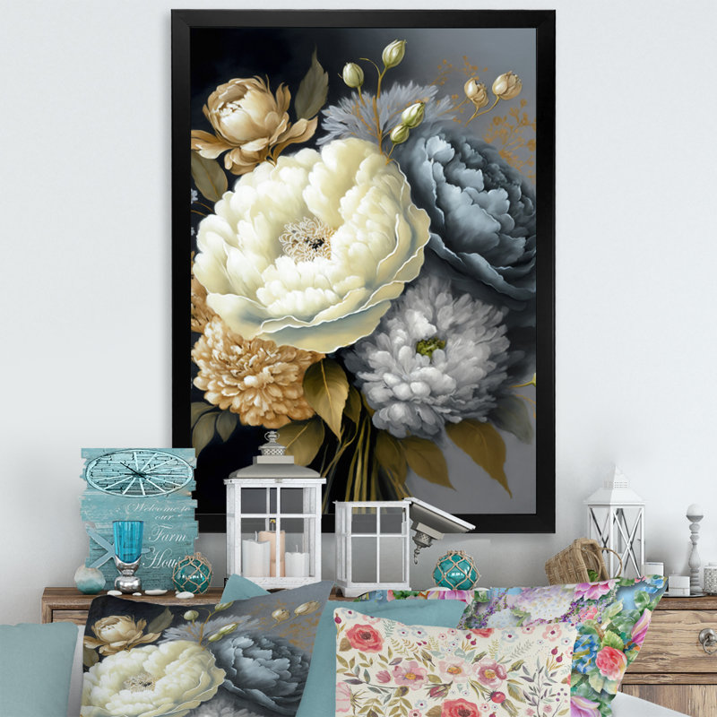 Art mural encadré blanc, bleu et gris - pivoines II, Cadre photo noir, H 20 po x l 12 po x P 1 po