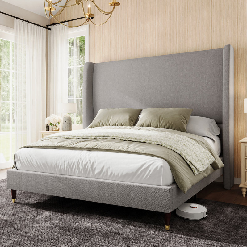 Belo Full Light Gray Upholstered Wingback Platform Bed, Light Gray, Full