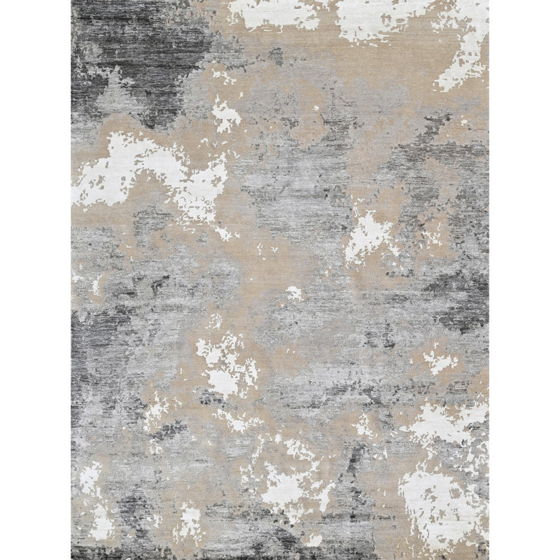 High-Quality Hand-Knotted Camel And Grey Area Rug, Rectangle 5' x 8'