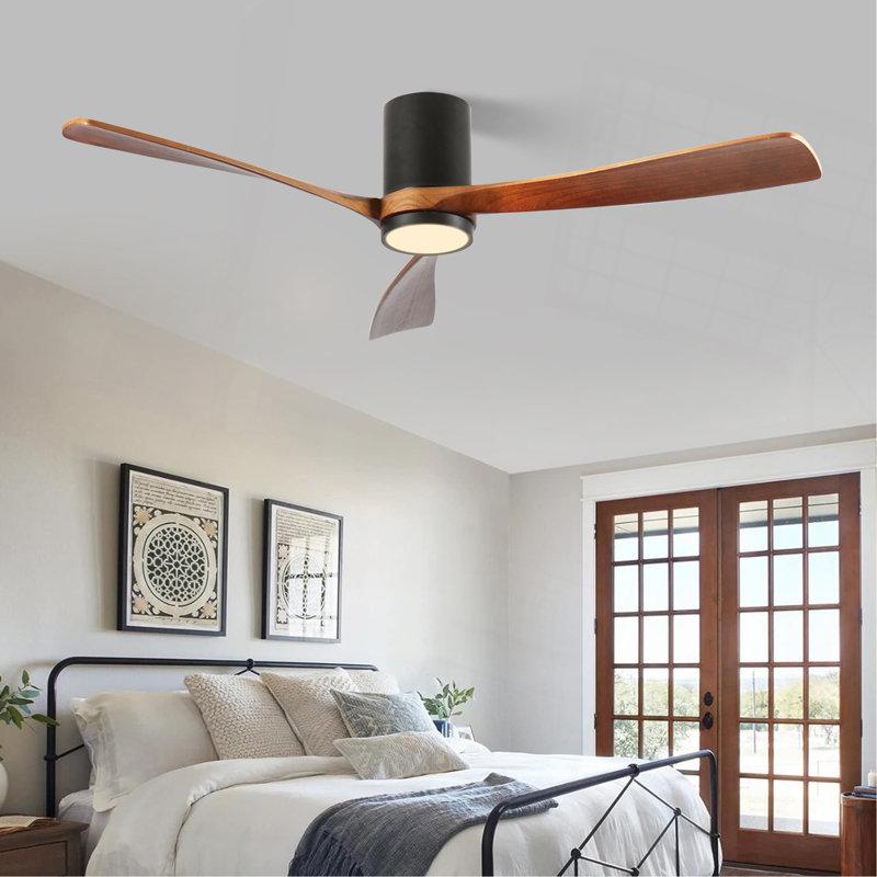 60 pouces Ventilateur de plafond à DEL encastré intérieur / extérieur noir mat avec pales en bois, télécommande CC 6 vitesses