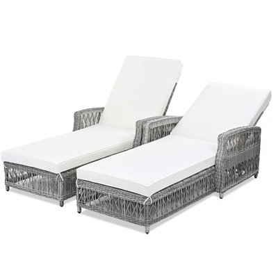 Méridienne inclinable longue 2 pièces, fauteuil d'extérieur en osier avec accoudoirs, fauteuil inclinable réglable pour patio avec coussins moelleux amovibles