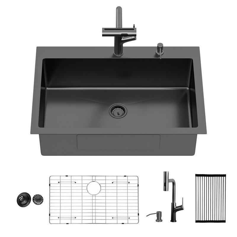 Évier de cuisine à simple cuve 33 po avec robinet coulissant et distributeur de savon Topmount