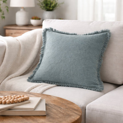 Coussin décoratif en lin avec bords et franges travaillés à la main | 22 po x 22 po