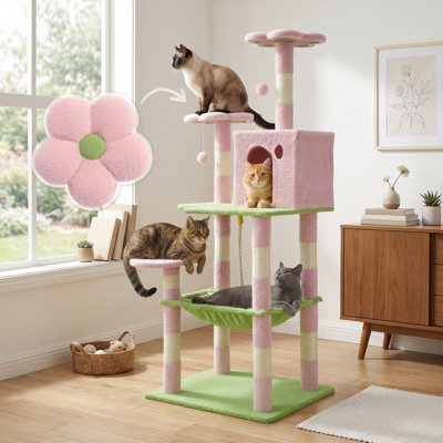 Arbre à chat 58 po pour chats d'intérieur, tour d'activité à plusieurs niveaux avec perchoir en peluche, poteaux à griffer, hamac, grotte pour chat pour grands chats et chatons