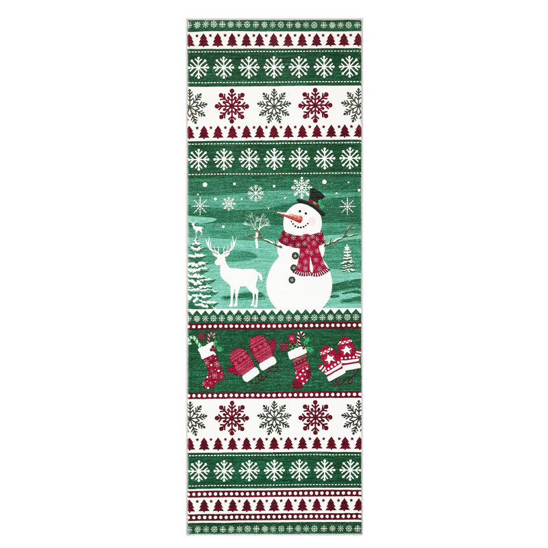 Machine Washable Area Rug Christmas Holiday Rugs Non Slip Santa & Reindeer Xmas Carpet Low Pile Non Shedding Floor Covers for Living Room Bedroom Playroom Nursery