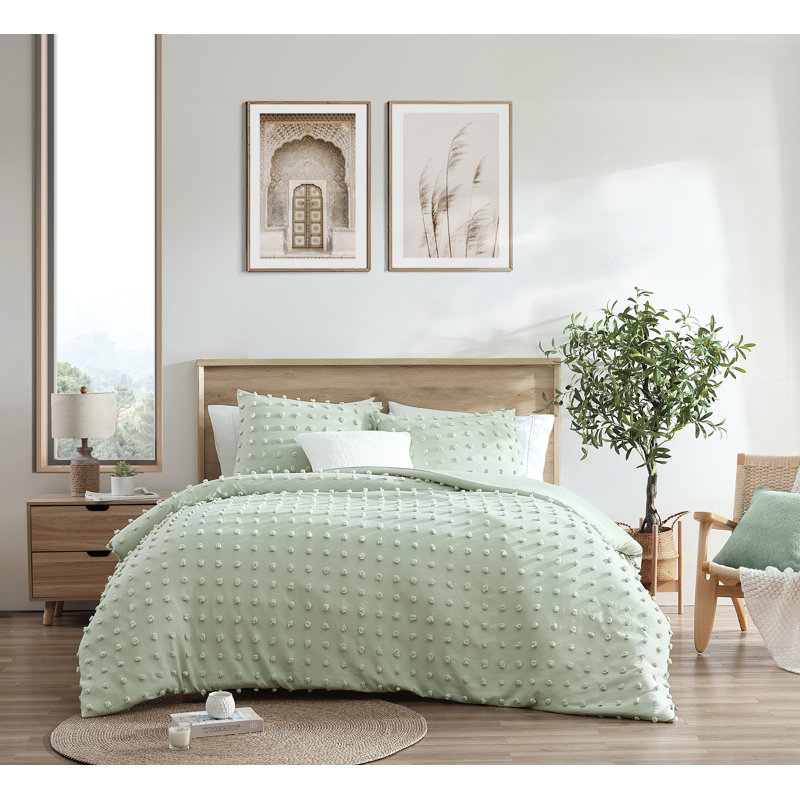 Pom Pom Jaquard Microfiber 3-Piece Comforter Set, Full / Double Comforter + 2 Standard Pillowcases, Sage
