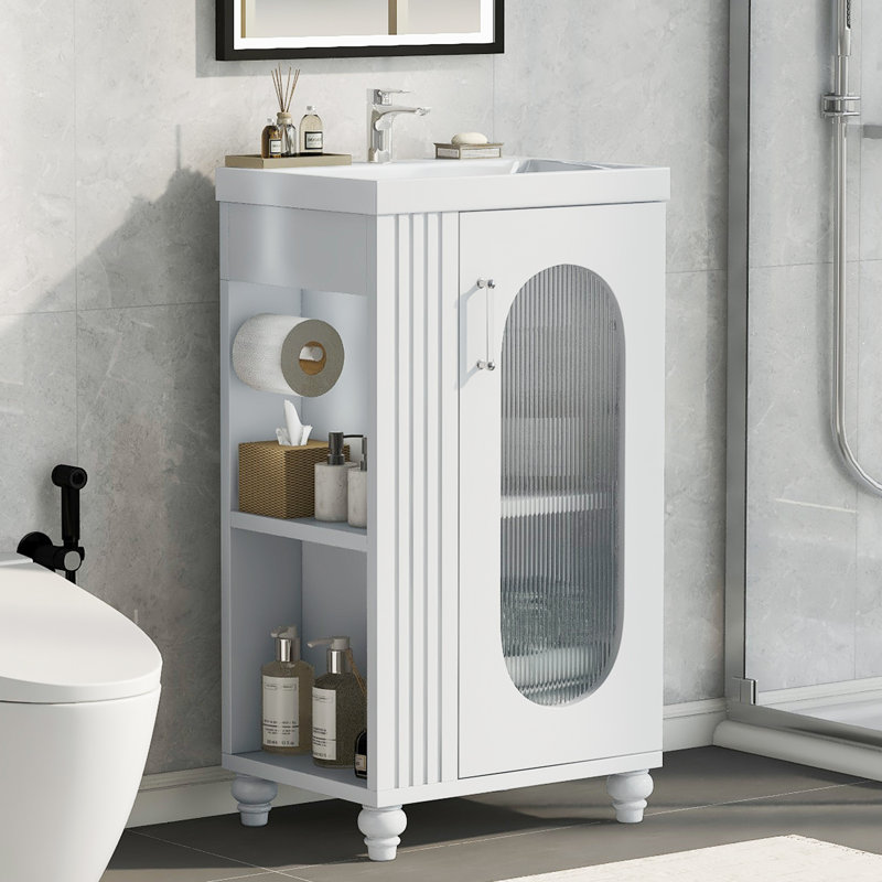 Meuble-lavabo 20 po avec lavabo en céramique, porte blanche moderne et porte-sérum