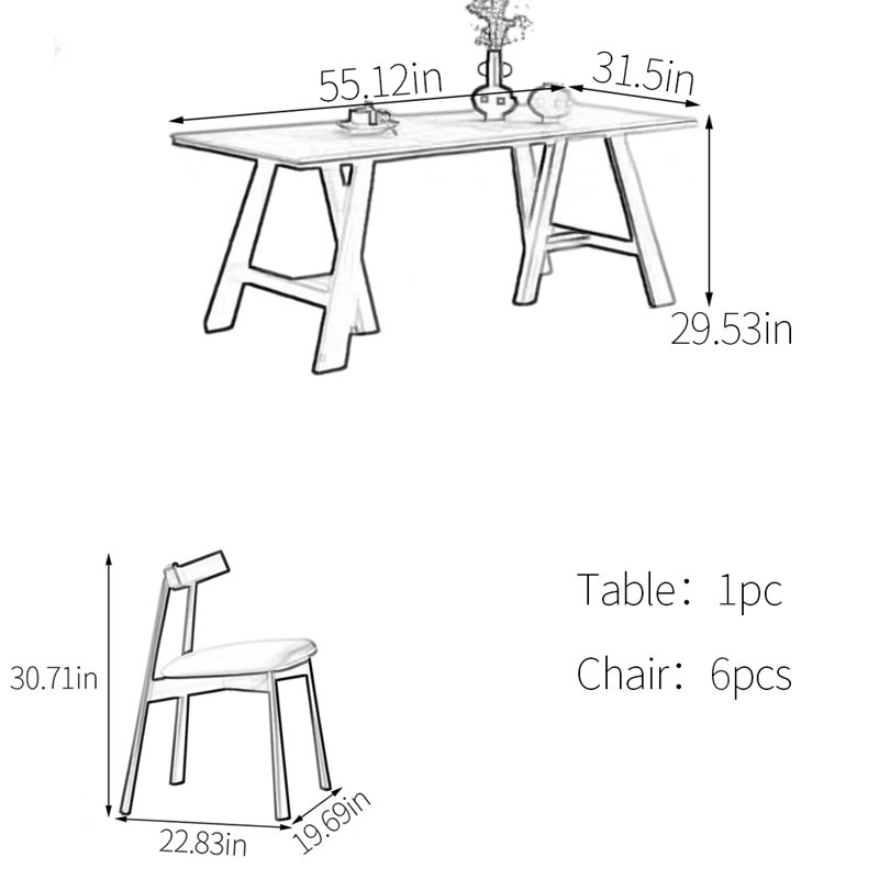 Ensemble de table de salle à manger unique en bois massif et en pierre frittée, H 29,53 po x L 55,12 po x l 31,5 po
