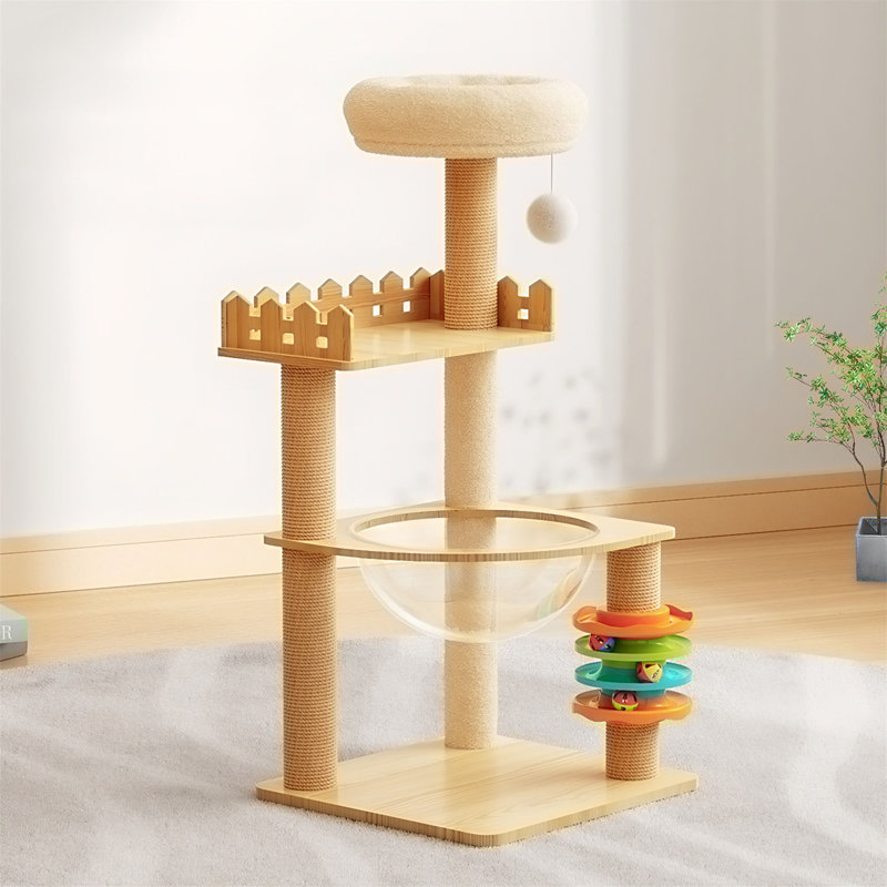 Tour d'arbre à chat en bois avec hamac en acrylique et jouets