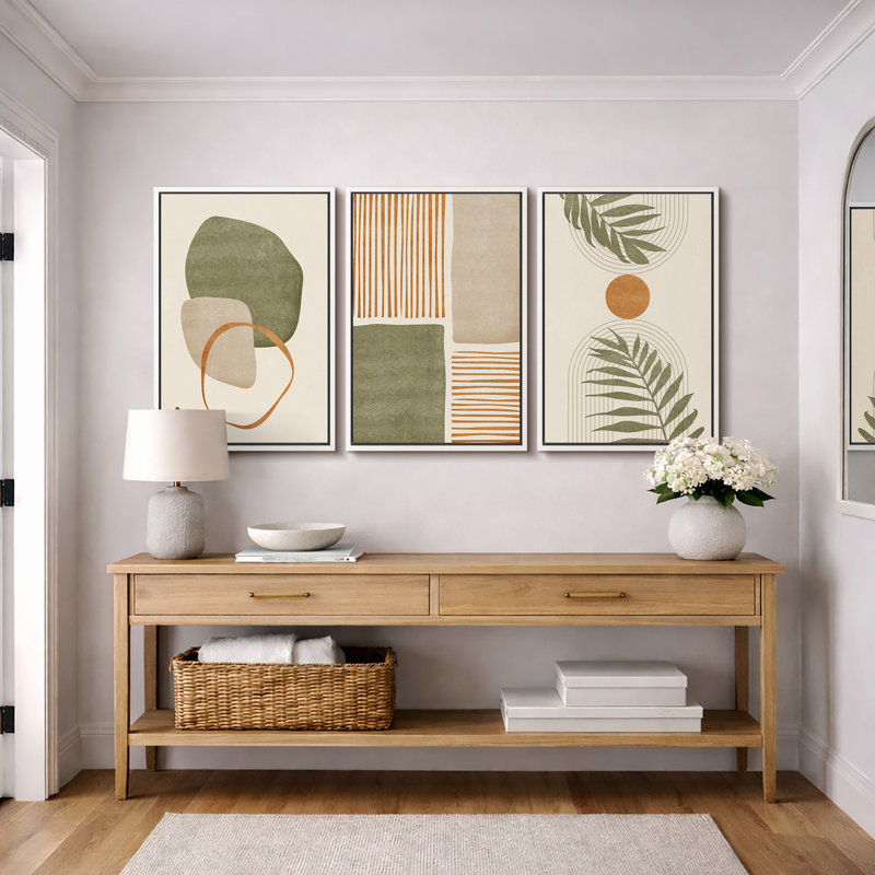 Mid Century Modern Boho "Organic Tropical Leaf Artwork, Neutral Abstract Warm Pictures, Framed Canvas 3 Pieces Giclee Print Wall Art