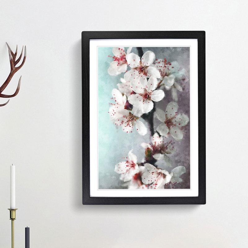 White Blossoms - Picture Frame Painting Print, 63cm H x 45cm W x 2cm D, Black Framed