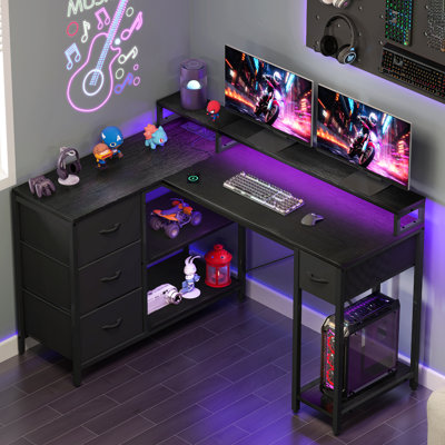 L-Shaped Computer Desk With 4 Drawers, Gaming Desk With Power Outlet And Monitor Stand, Corner Desk