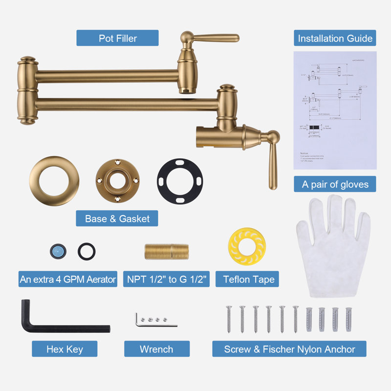 Wall Mounted Brass Pot Filler with 2 Handles, Gold