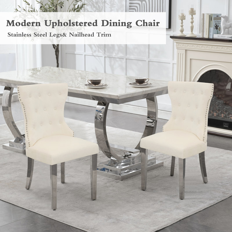 Velvet Nailhead Trim Upholstered Tufted Wingback Dining Chairs (Set Of 2), Beige