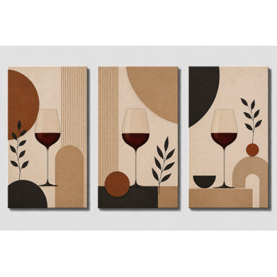 Très grand ensemble de 3 verres à vin muraux de cuisine moderne, salle à manger, impression sur toile, décoration de bar minimaliste, impression sur toile 24 x 36 pouces - prête à être accrochée