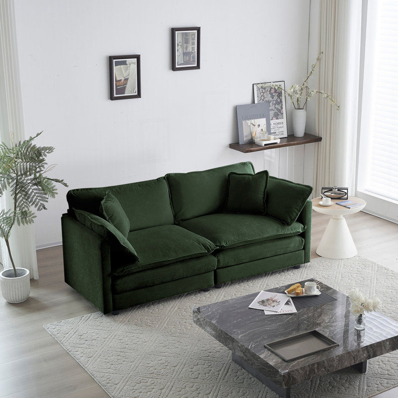 Modern Fabric Loveseat Sofa Couch For Living Room, Upholstered Large Size Deep Seat 2-Seat Sofa With 4 Pillows ,Green Chenille