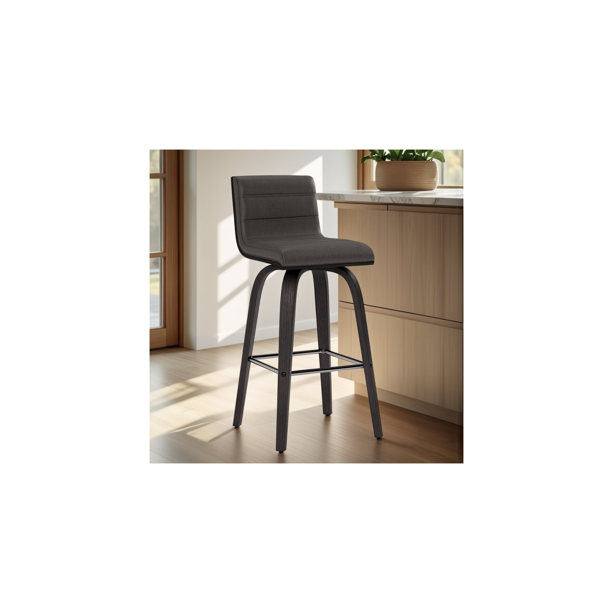 Biance Solid Wood Swivel Bar & Counter Stool, Gray Faux Leather, Black, Counter Stool (26" Seat Height)