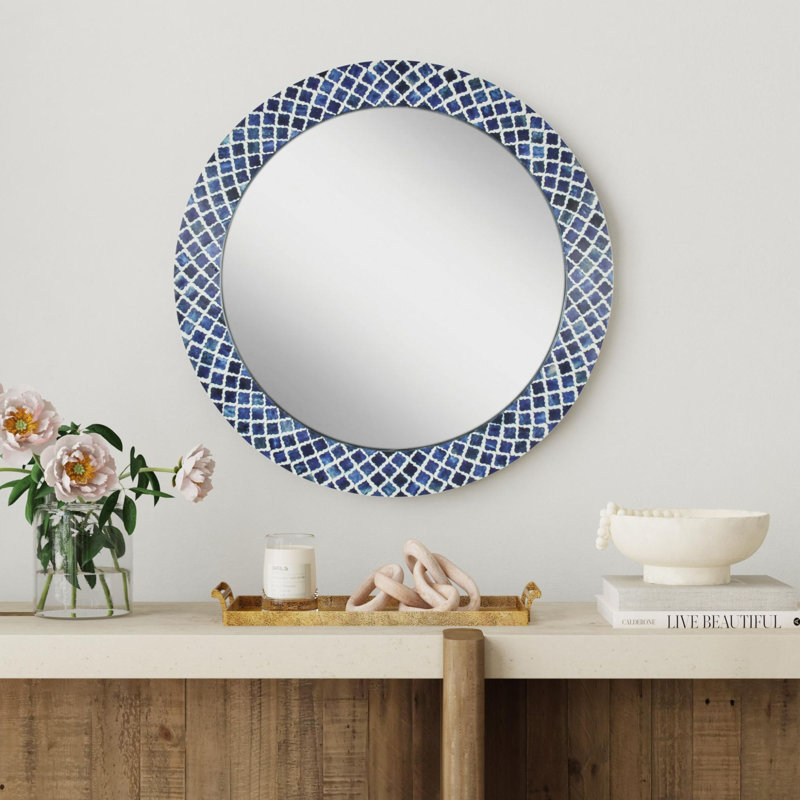 Blue Diamond Pattern Bone Inlay Mirror, Round