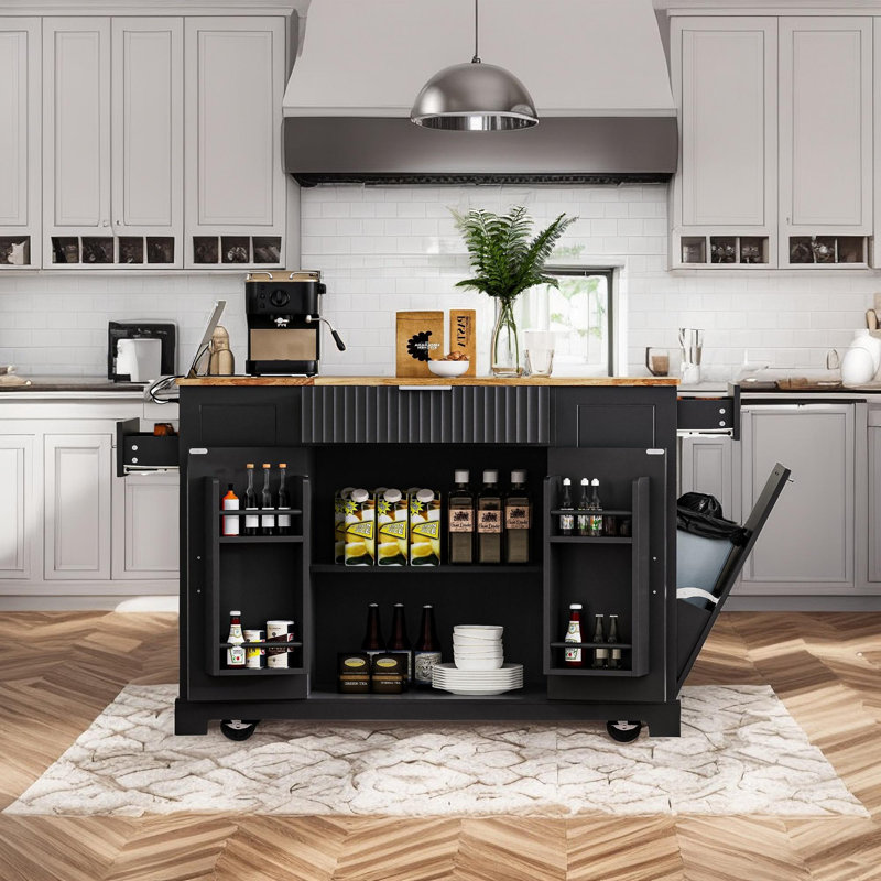 Kitchen Island with Trash Can Storage Cabinet, Black