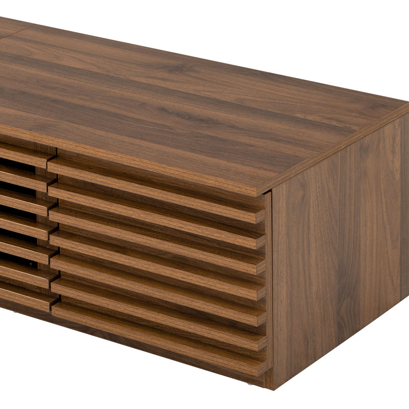Meuble télé moderne à lattes de style Mid-Century, 70,8 po (180 cm), pour téléviseurs jusqu'à 80 po (203 cm), console multimédia basse à 5 compartiments avec porte abattante, noyer