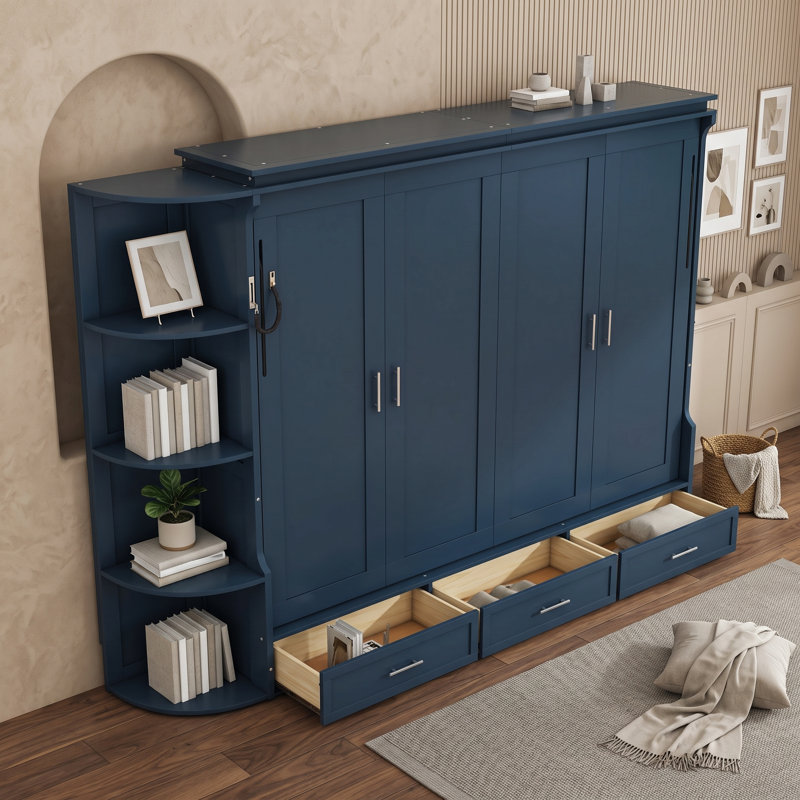 Lit plateforme en bois avec tablettes et tiroirs de rangement Murphy, Full, Blue