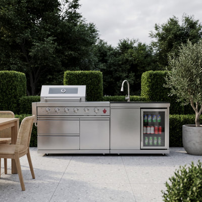 Îlot de cuisine extérieur 84 po 84 po pour îlot de cuisine extérieur pour îlot de cuisine extérieur de style SS304 Deluxe 6 brûleurs 75300 BTU avec évier et refroidisseur à vin