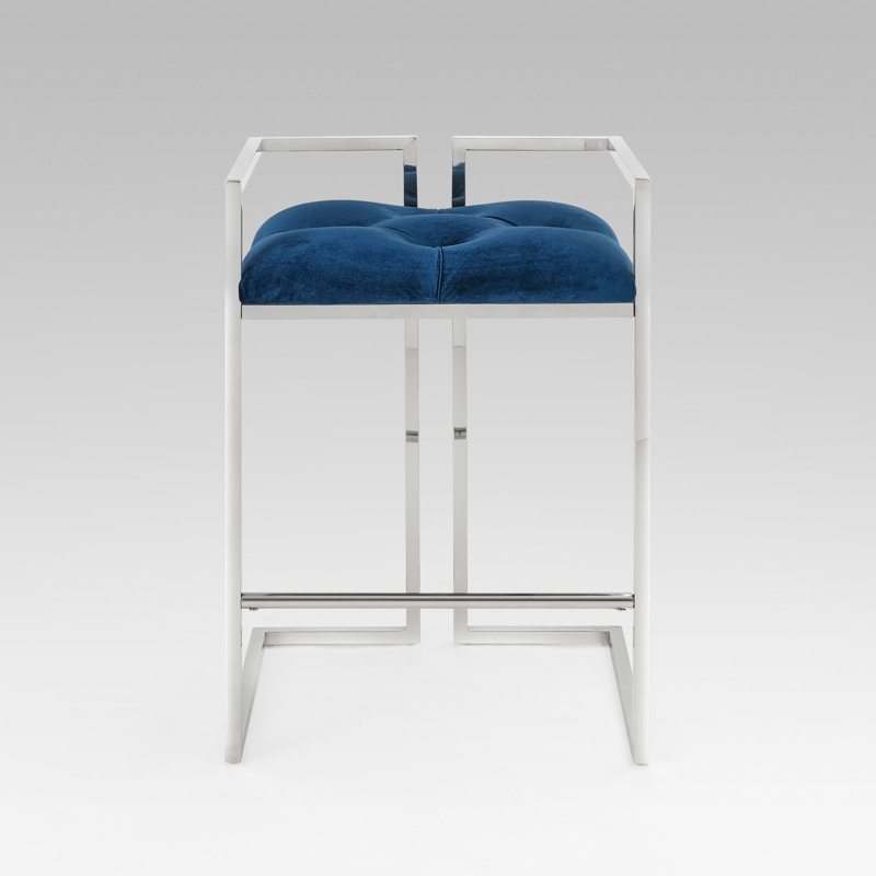Upholstered Counter Stool with Metal Frame, Blue Velvet