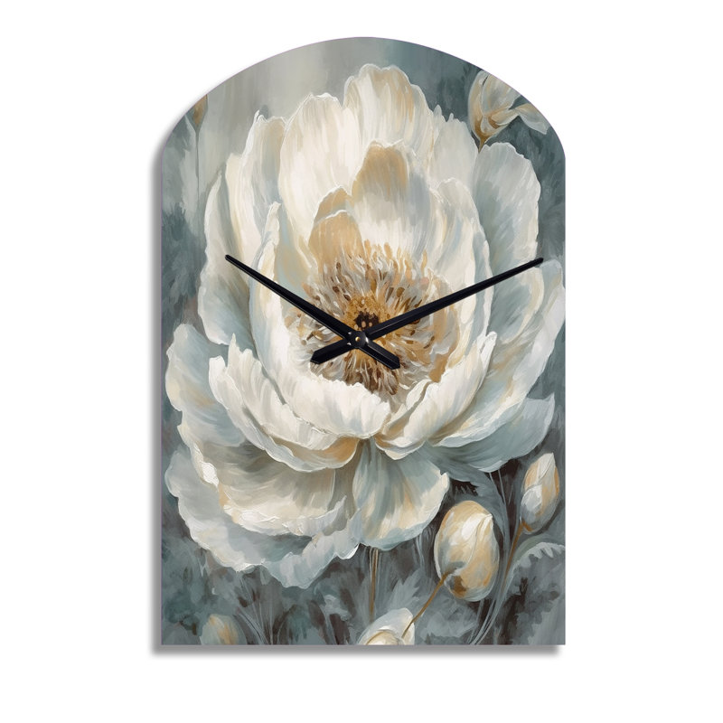 Haas - Arch Shape Decorative White Peonies Wall Clock, Moyenne