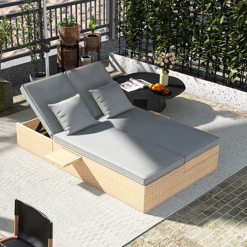 Outdoor Double Sunbed |Wicker Rattan Patio Reclining Chairs |Adjustable Backrest And Seat|Practical Cup Tray On Both Sides|Conversational Set For 2 Person
