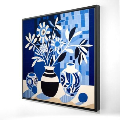 Toile abstraite avec vases bleus | Art mural encadré pour décoration de chambre à coucher