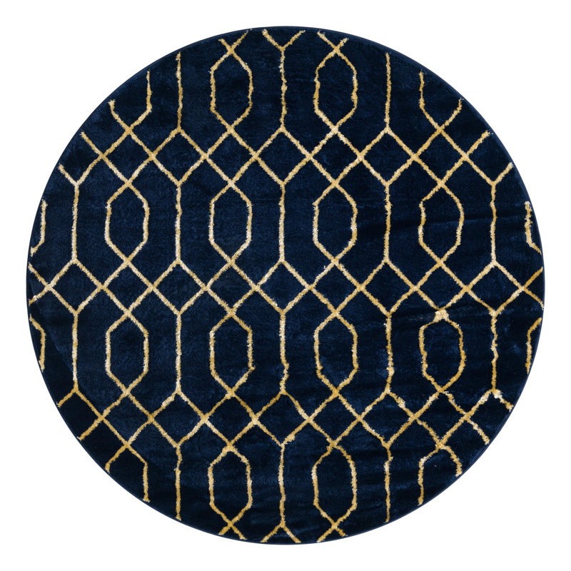 Glam Navy Blue Gold Area Rug, Round 5'3"