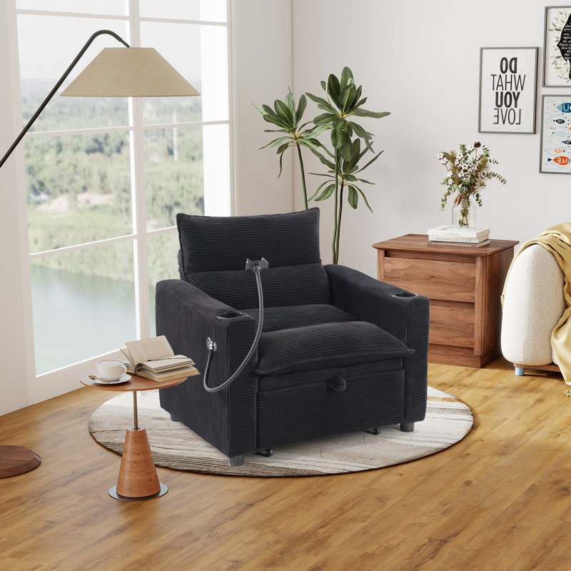 36.14'' Wide Modern Convertible Sleeper Sofa Bed With Phone Holder And Cup Holders, Black
