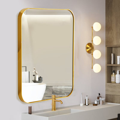 Modern Rectangular Mirror with Gold Frame and Rounded Corners
