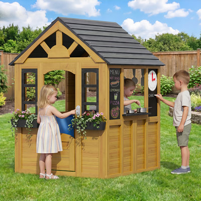 Maisonnette d'extérieur en bois avec porte pour animaux de compagnie, évier de cuisine et tableau noir pour enfants
