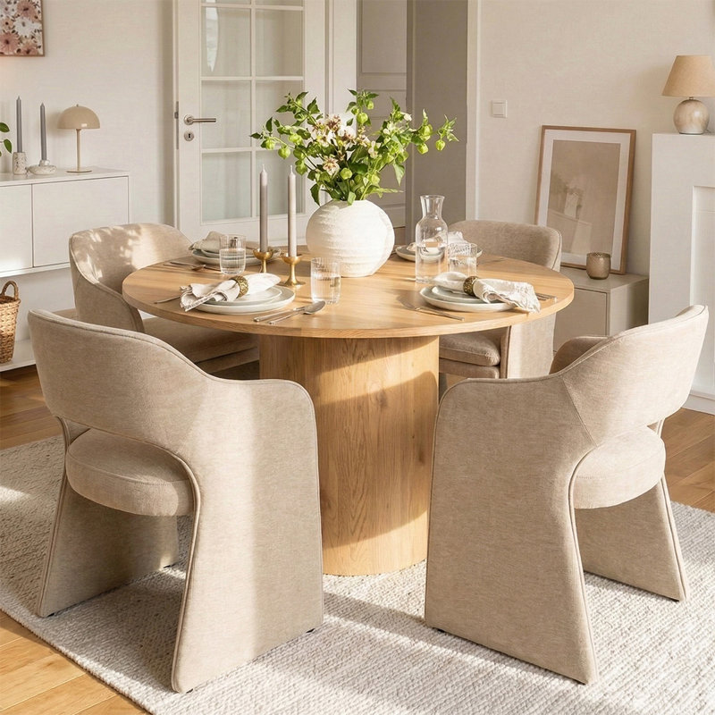 4 - Person Dining Table Sets With Round Table & 4 Upholstered Chenille Chairs, Brie, Yellow