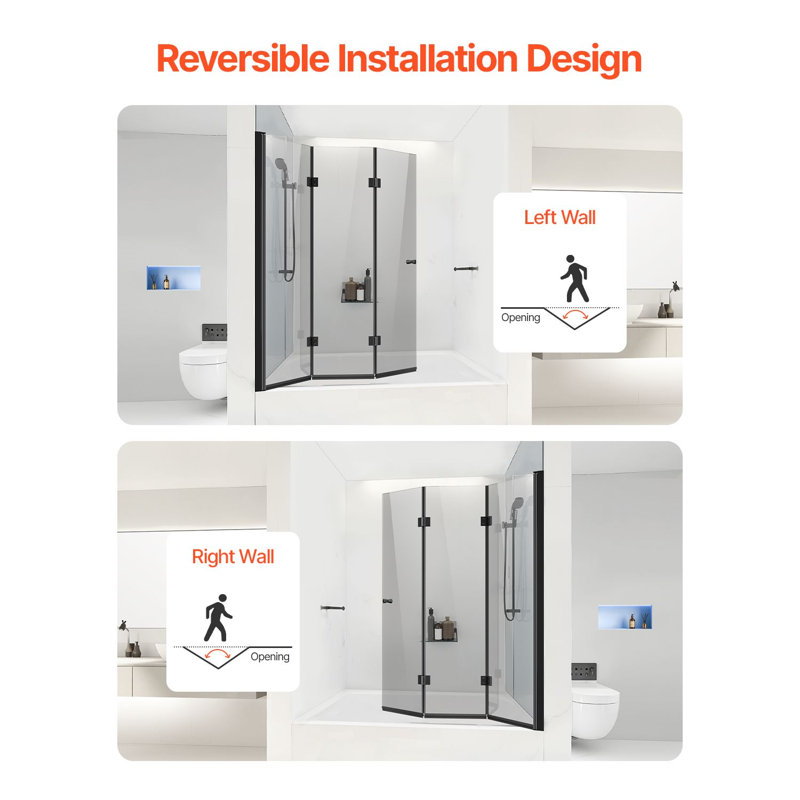 Porte de douche à trois volets pliable, l 50,98 po x H 55,98 po, verre trempé à 3 panneaux, conception sans cadre