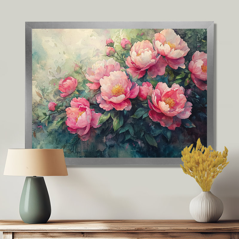 Été rose aquarelle pivoines Bloom I - pivoines grand art mural, H 34 po x l 44 po, Gold Picture Framed