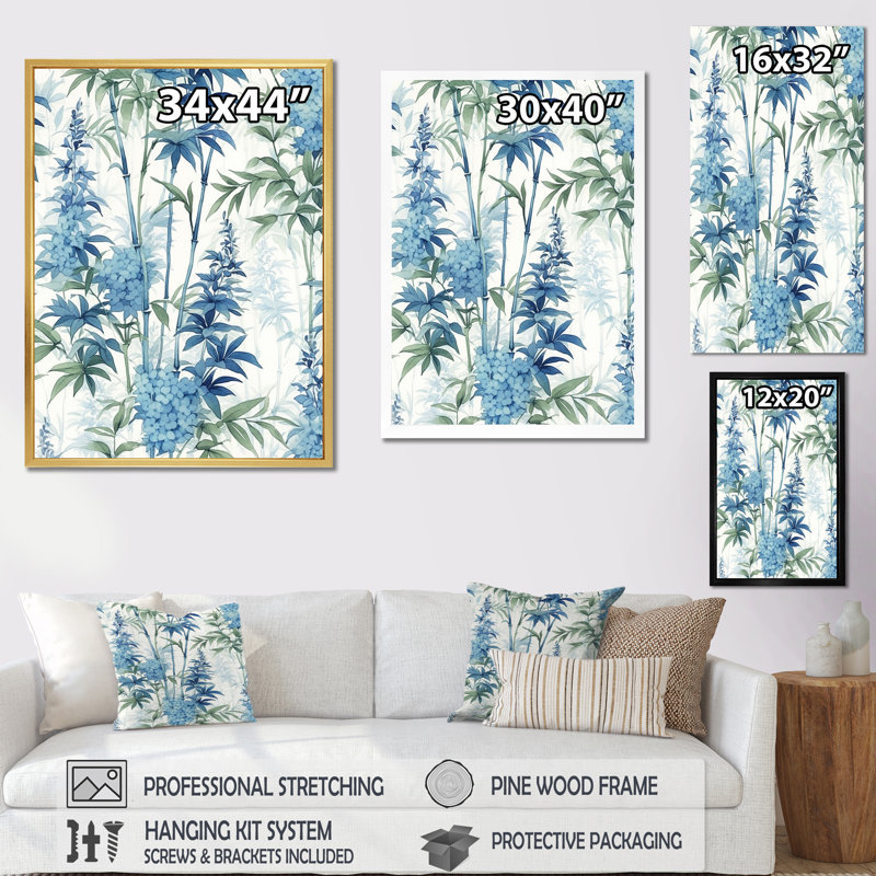 Sérénité chinoise en bambou bleu II sur toile, H 20 po x l 12 po x P 1 po, Cadre photo argenté