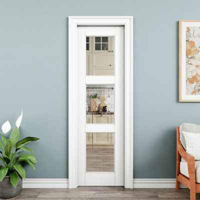 Porte de poche intérieure en verre transparent de 18 po x 80 po 3-Lite, dalle de porte en verre trempé avec sécurité, pouvant être peinte et imperméable, comme portes de buanderie, portes de placard, portes de pièce