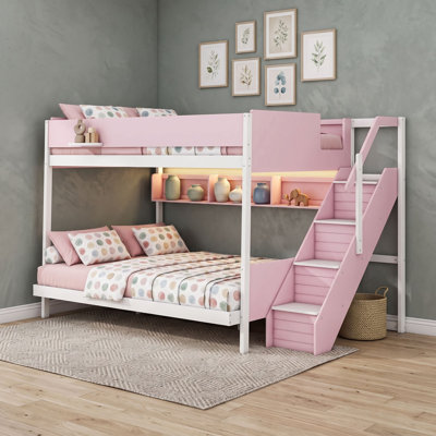 Lit superposé moderne avec escalier de rangement, tablettes latérales et éclairage DEL