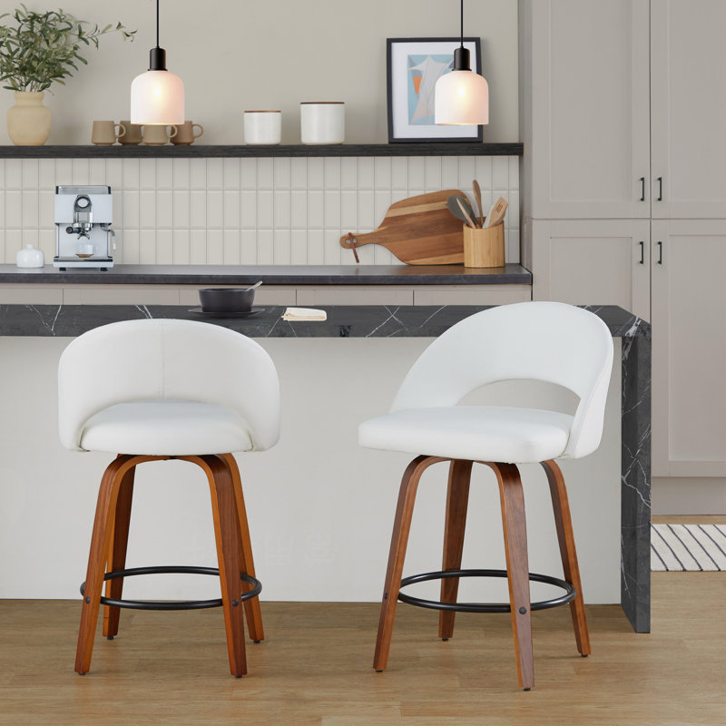 Ensemble de 2 tabourets de comptoir à hauteur fixe, structure en bois de noyer avec similicuir blanc et repose-pieds en métal noir