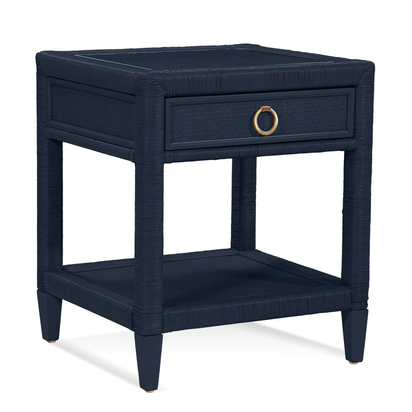 Warwick 1 - Drawer Wicker/Rattan Nightstand, Navy, Satin Brass