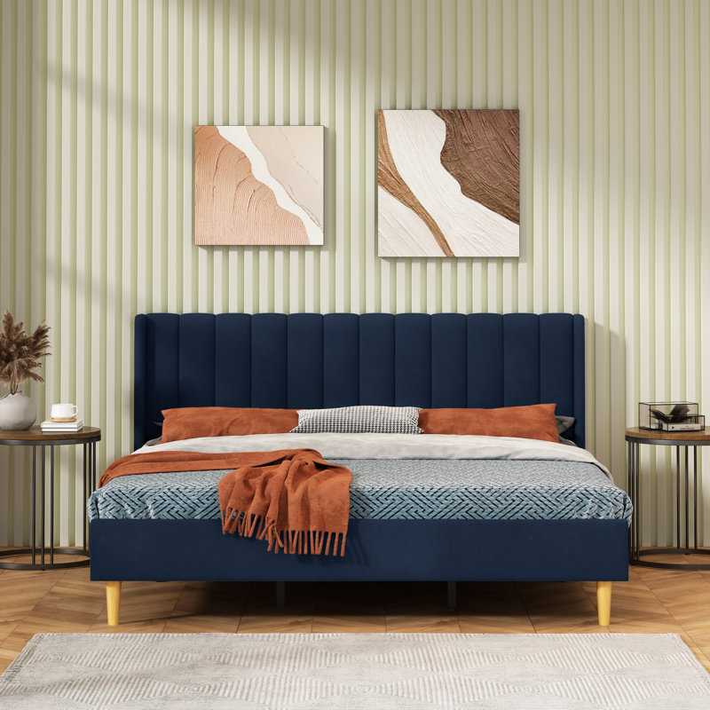 Base de lit tapissier avec tête de lit à oreilles Deeb, Très grand, Lin bleu foncé