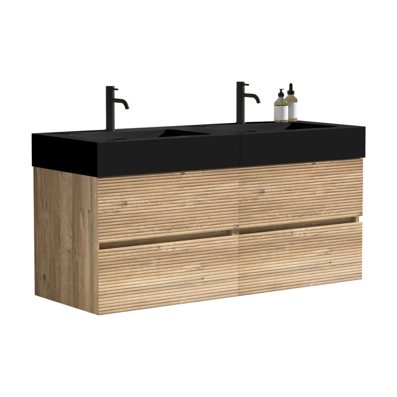 Meuble-lavabo de 48 po avec lavabo noir et tiroirs en chêne brut, fixation murale de style Mid-Century moderne, poignée double dissimulée pour les personnes âgées, finition à l'eau de qualité E0, résistance à l'eau du système