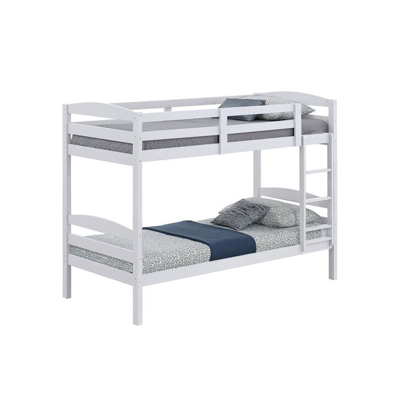 Lit simple au-dessus d'un lit superposé blanc avec arche transitionnelle, bois massif et d'ingénierie, serrure à insert, finition de chambre à coucher, joint, cadre