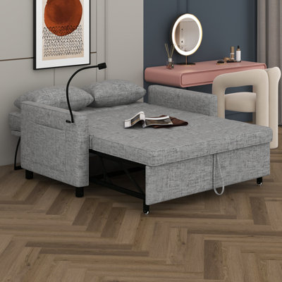 Canapé-lit coulissant avec dossier réversible, poches latérales et deux coussins décoratifs, causeuse en chenille avec ports USB et support pour téléphone