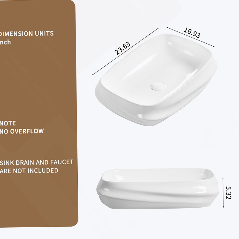 Rectangular Ceramic Vessel Sink For Bathroom